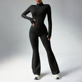 Black Sculpted Silhouette women’s long-sleeve fitness jumpsuit with flared legs