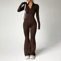 Brown Sculpted Silhouette women’s long-sleeve fitness jumpsuit with flared legs