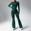 Green Sculpted Silhouette women’s long-sleeve fitness jumpsuit with flared legs
