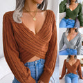 Collage featuring a woman in a cinnamon brown twist-front V-neck cropped knit sweater with blue jeans, alongside smaller views of the sweater in olive green, heather gray, and cinnamon brown.