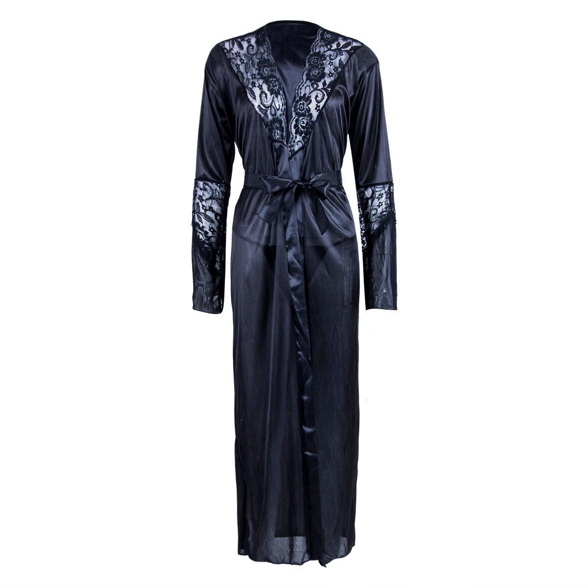 Product-only front view of the Seraphina women's classic black long satin-look robe displayed against a white background, featuring a deep V-shaped wrap neckline with dark floral lace trim, long sleeves with relaxed cuffs, a matching black fabric waist belt tied at the front, and a flowing full-length silhouette with a gently overlapping front opening.