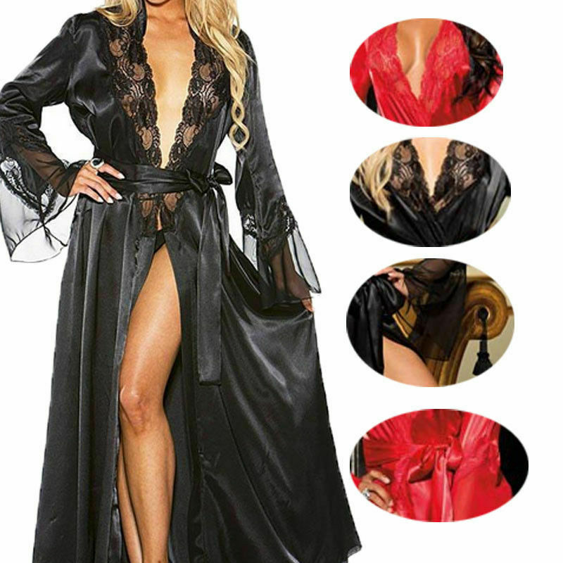 Full-length front view of the Seraphina classic black satin-look long robe worn by a blonde model, featuring glossy black fabric, a plunging neckline bordered with intricate black floral lace, a matching belt tied around the waist, long flowing sleeves, and a floor-length open-front design revealing one leg. Three circular inset images along the right side highlight the available robe colors and lace-trimmed neckline details.