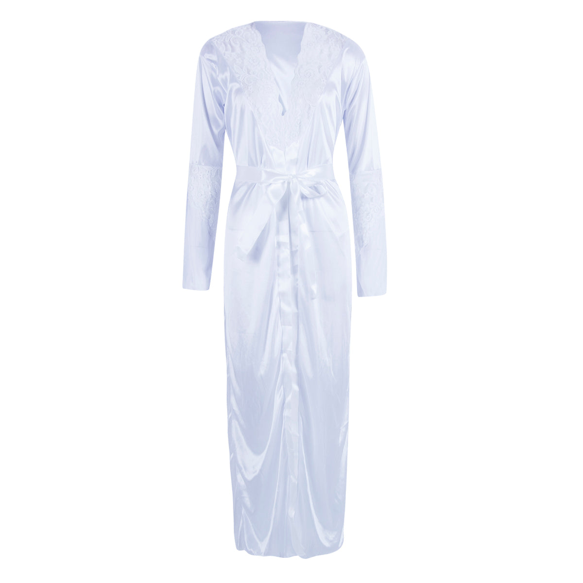 Product-only front view of the Seraphina  white satin-look long robe displayed against a white background, featuring smooth glossy white fabric, a deep V-shaped neckline with delicate lace-inspired edging, relaxed long sleeves, a matching white waist tie, and a flowing maxi-length silhouette with an overlapping wrap-style front.