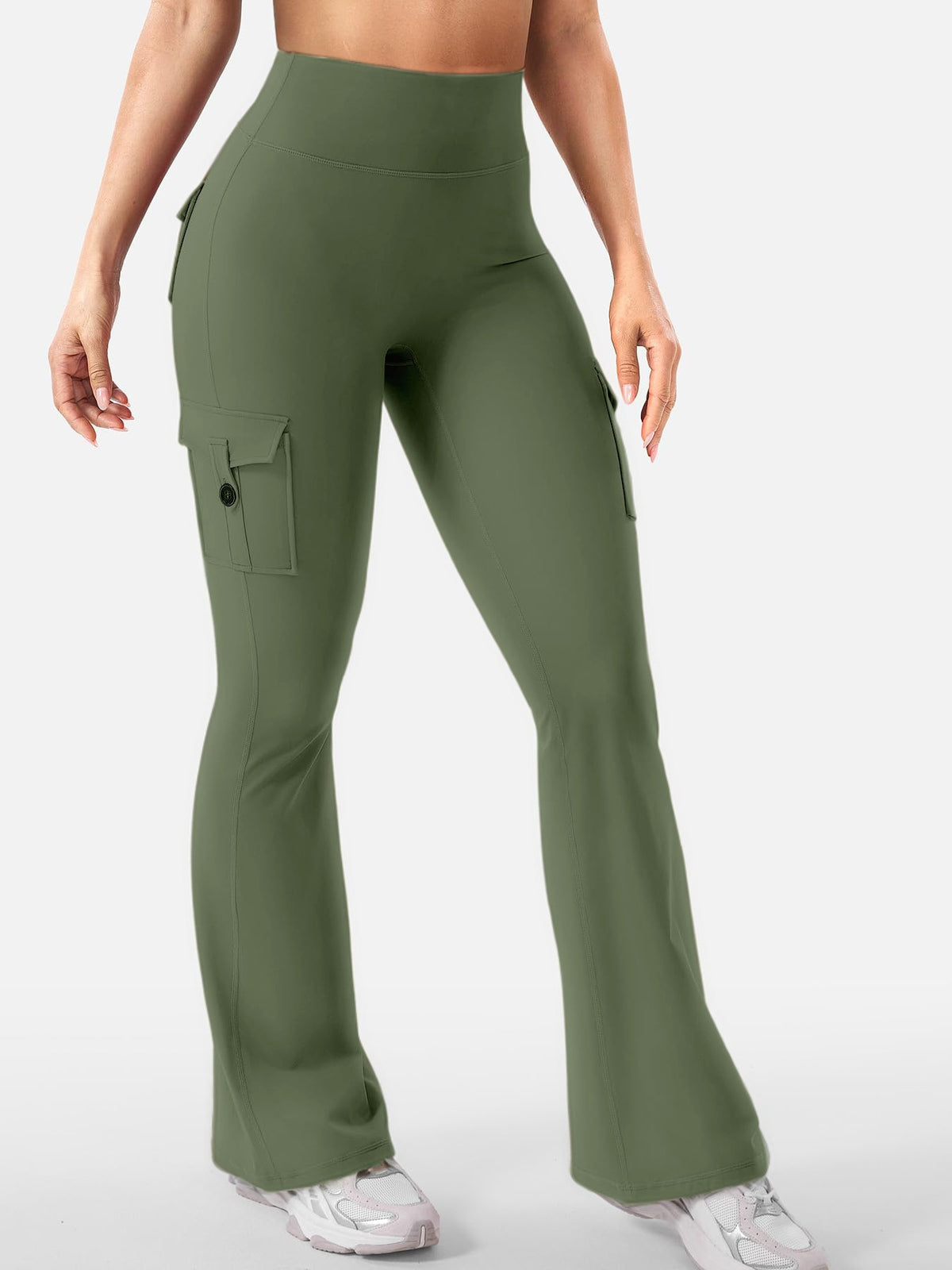 Talia women's army green high-waisted flare pants displayed on a model wearing a fitted cropped top and white athletic shoes, featuring a smooth high-rise waist, close-fitting stretch-style construction through the upper legs, decorative back pocket detailing, and flared lower legs extending toward the shoes.