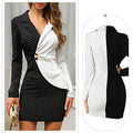 Front views of women's two-tone black and white pinstripe blazer skirt set.