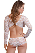 Back view of the Valencia women's white two-piece lace lingerie set, featuring a sheer floral lace long-sleeve crop top with an open back, crisscross shoulder straps, scalloped lace edges, and matching white lace shorts with decorative side cutouts and thin straps.