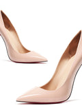 Pair of Bare Valentina Red-Sole Patent Pointed-Toe Stiletto Pumps featuring a warm nude-beige glossy finish, sharply pointed toes, slim high heels, and contrasting red soles.