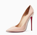 Bare Valentina Red-Sole Patent Pointed-Toe Stiletto Pumps displayed together from a three-quarter angle, highlighting the warm nude-beige finish, low-cut vamp, pointed toes, slim heels, and red sole detailing.