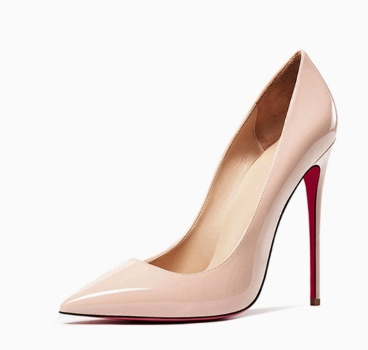 Bare Valentina Red-Sole Patent Pointed-Toe Stiletto Pumps displayed together from a three-quarter angle, highlighting the warm nude-beige finish, low-cut vamp, pointed toes, slim heels, and red sole detailing.
