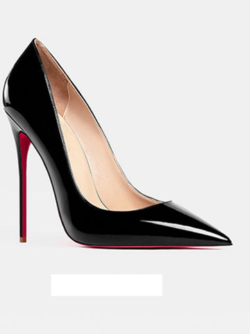 Black Valentina Red-Sole Patent Pointed-Toe Stiletto Pump shown in a sleek side profile with a glossy black finish, sharply pointed toe, ultra-thin high heel, and striking red contrast sole.