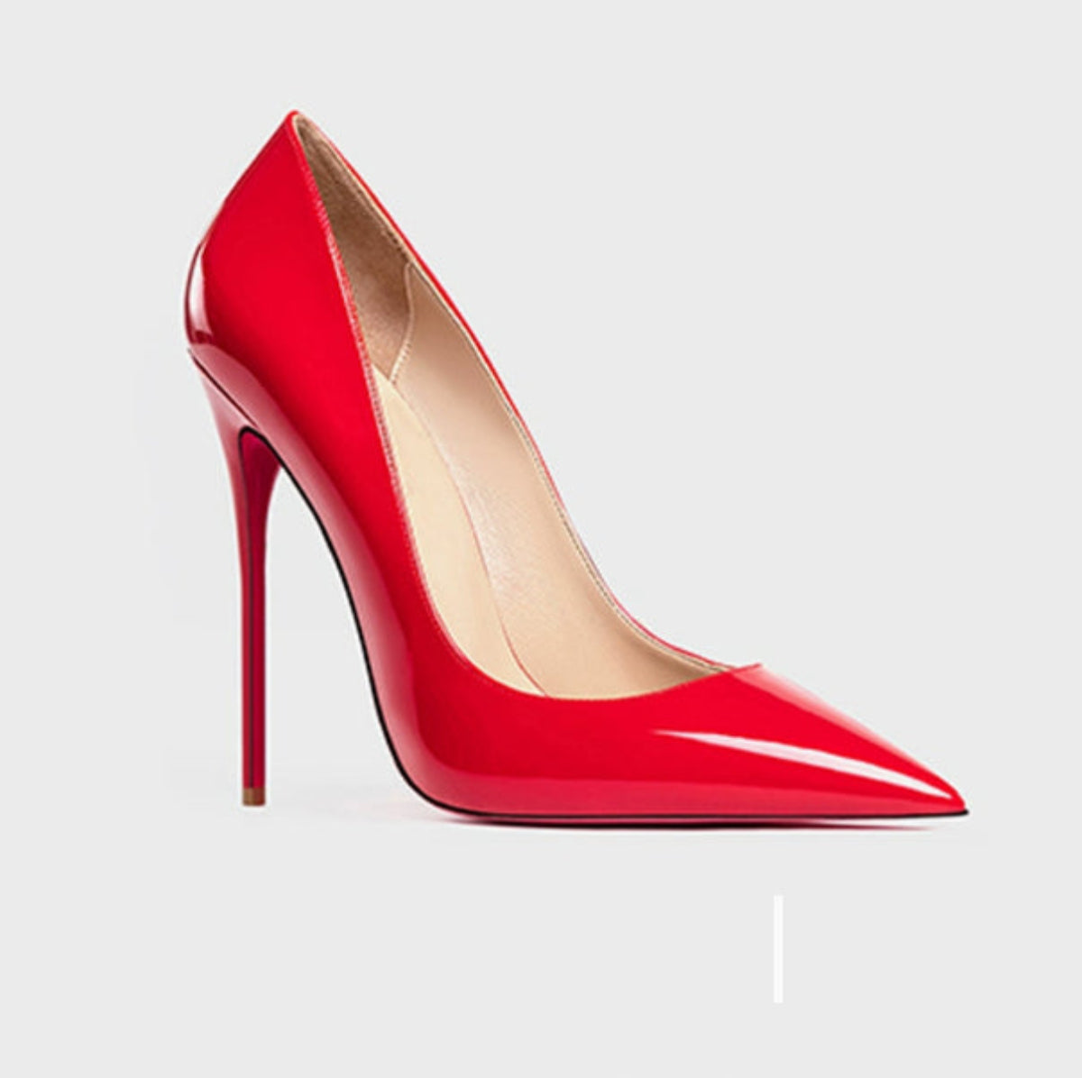 Red Valentina Patent Pointed-Toe Stiletto Pump shown from the side, featuring a vibrant glossy red finish, sharply pointed toe, low-cut vamp, and ultra-slim high heel.