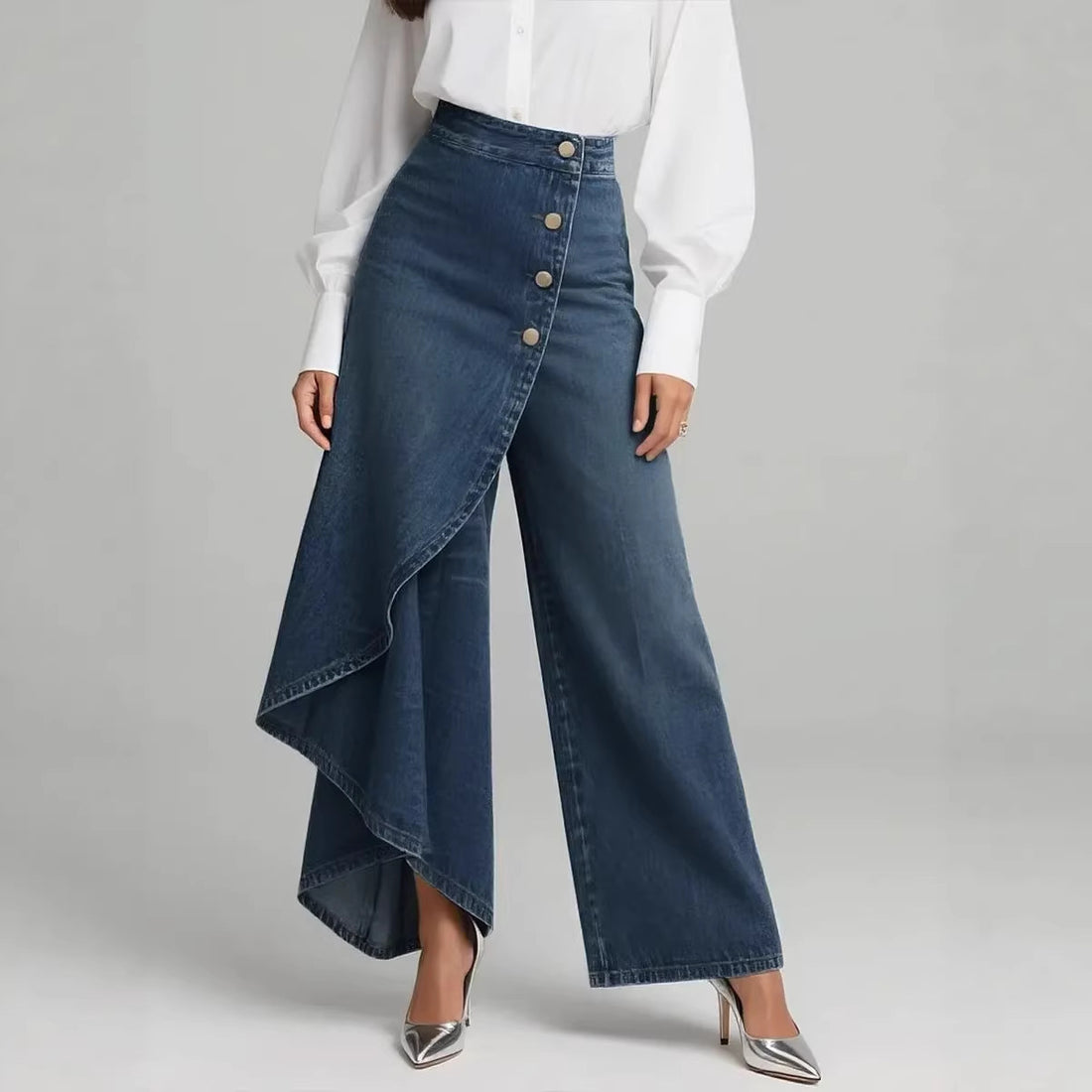Women's high-waist wide-leg jeans with asymmetrical denim wrap overlay and front buttons