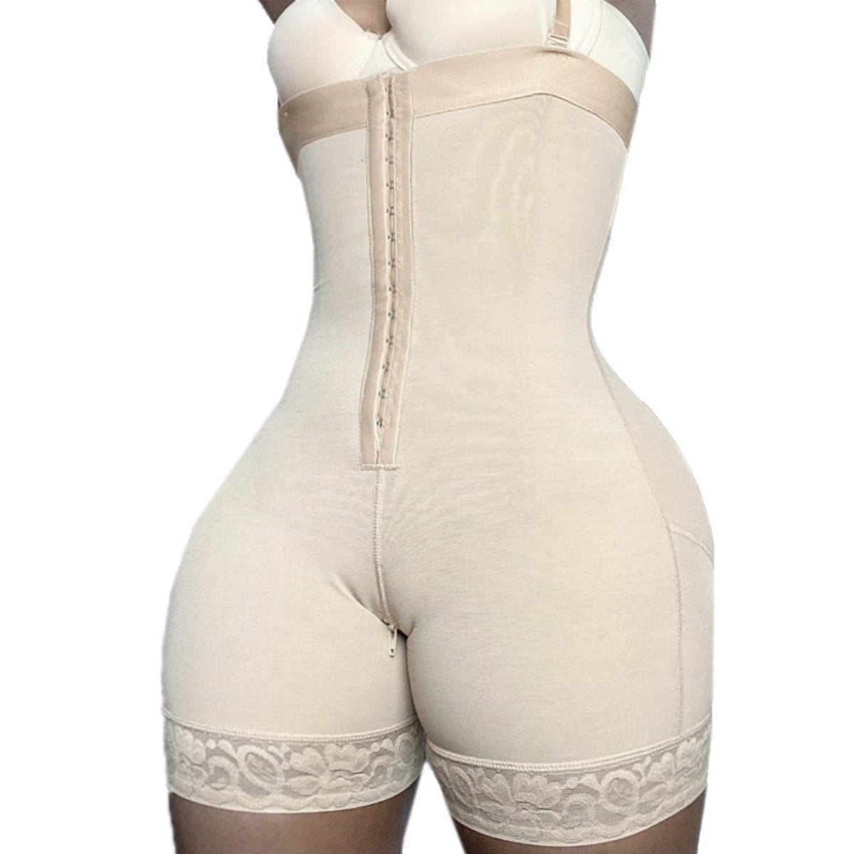 Women's beige full-body shapewear with front hook-and-eye closure, tummy control and lace thigh trim shown from the front