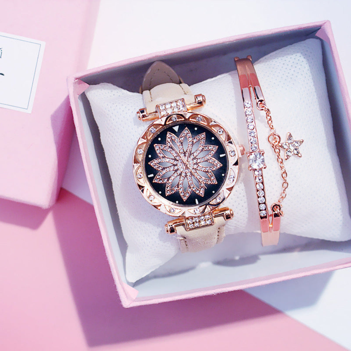 Women's rose gold floral crystal watch with beige strap and matching rhinestone bracelet gift set