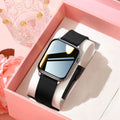 Women's Bluetooth calling smartwatch with black band and rectangular touchscreen display