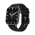 Women's black Bluetooth calling smartwatch with black silicone band and rectangular touchscreen display