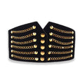 Women’s black wide corset belt with multiple gold-tone chain accents and gold button details