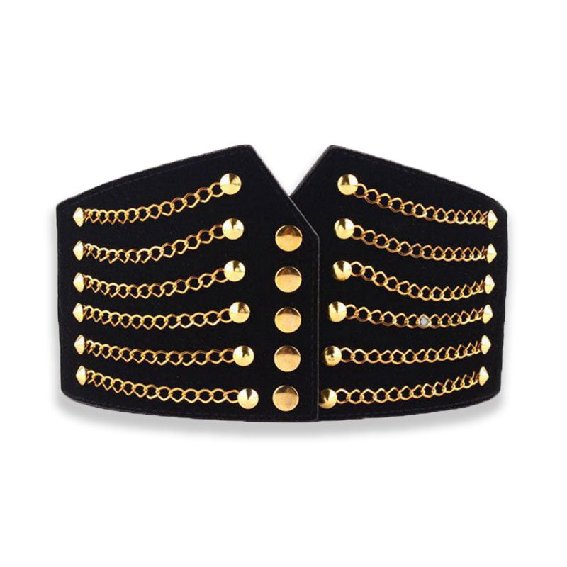 Women’s black wide corset belt with multiple gold-tone chain accents and gold button details
