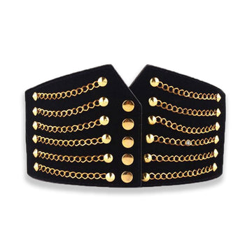 Women’s black wide corset belt with multiple gold-tone chain accents and gold button details