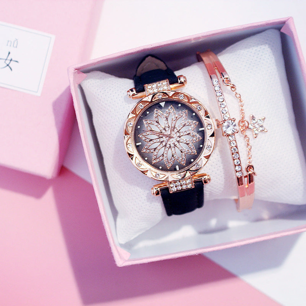 Women's black strap rose gold floral crystal watch with matching rhinestone bracelet gift set