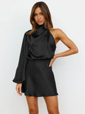 Women's black satin one-shoulder mini dress with draped high neckline, long puff sleeve and asymmetric shoulder