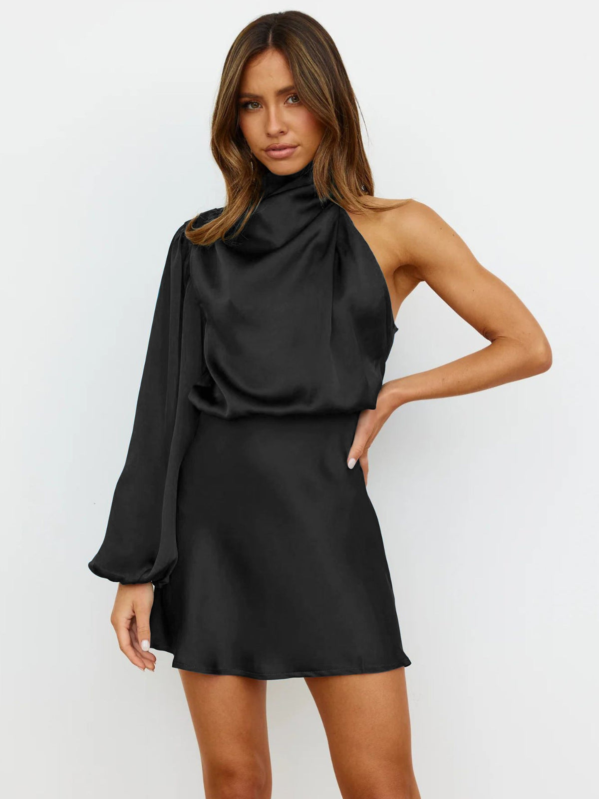 Women's black satin one-shoulder mini dress with draped high neckline, long puff sleeve and asymmetric shoulder
