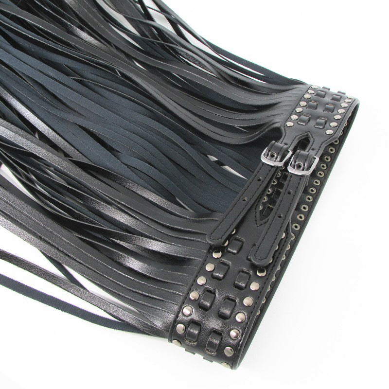 Women’s black statement waist belt with long flowing tassel fringe