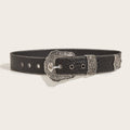 Full front view of women’s black Western belt with ornate silver-tone floral buckle and decorative hardware