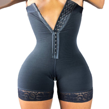 Women's black full-body shapewear bodysuit with front zipper, hook-and-eye closure and lace thigh trim