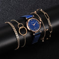 Women's blue mesh watch with rose gold case and coordinating gold-tone bracelet jewelry set