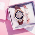 Women's brown strap rose gold floral crystal watch with matching rhinestone bracelet gift set