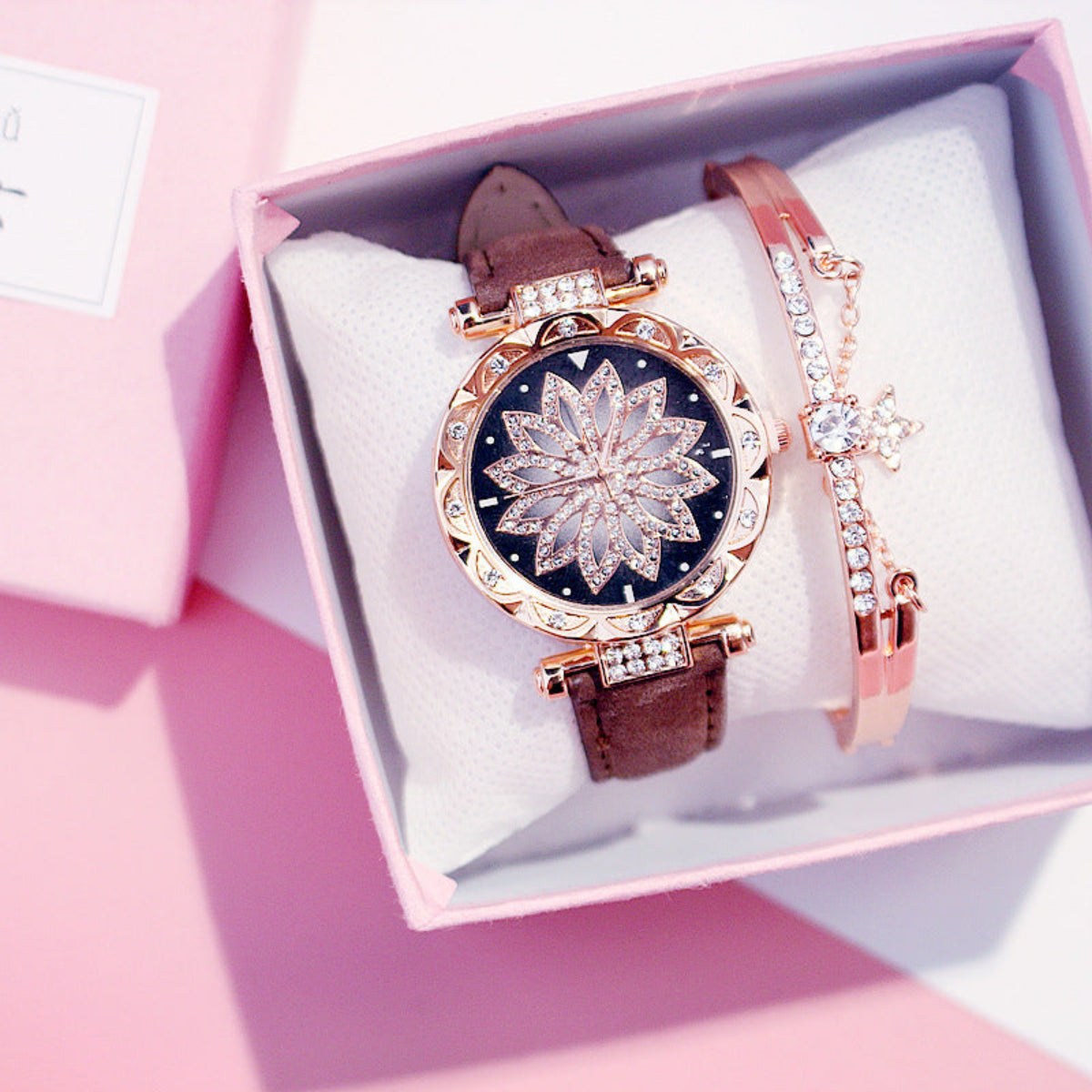 Women's brown strap rose gold floral crystal watch with matching rhinestone bracelet gift set