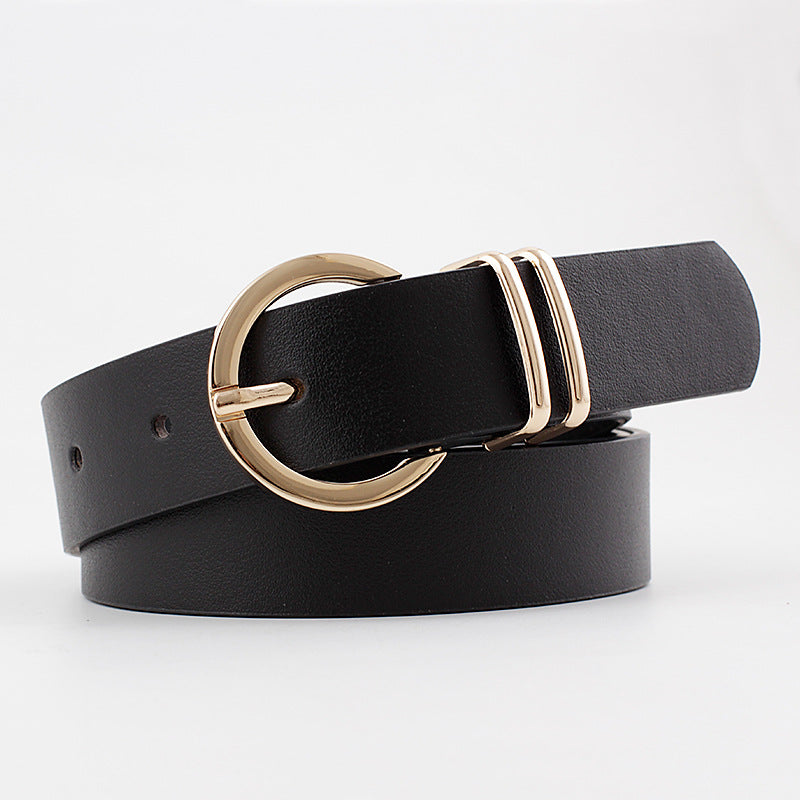 Women’s classic black waist belt with polished gold-tone round buckle
