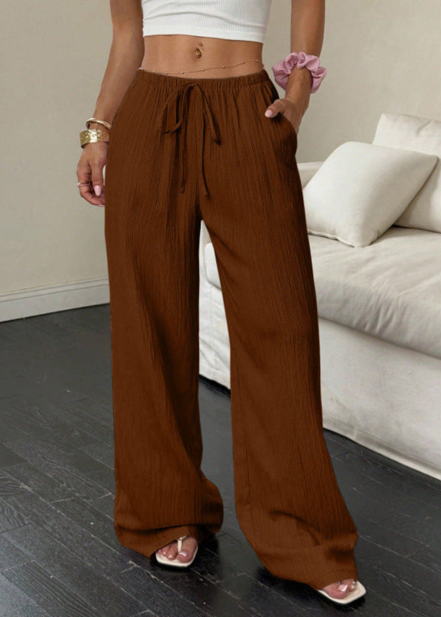 Women's coffee high-waist drawstring wide-leg pants with textured fabric and side pockets