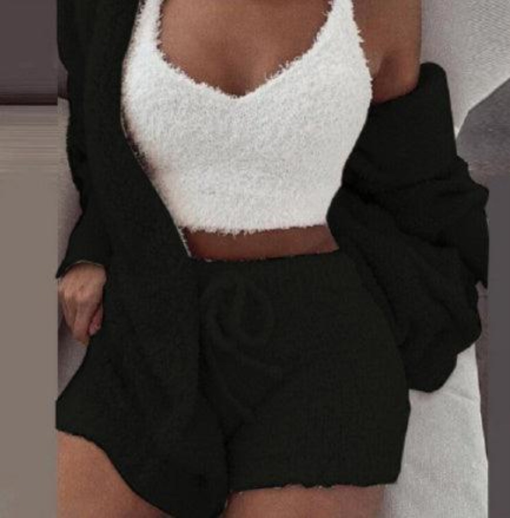 Women's black fuzzy 3-piece pajama set with white crop tank, cardigan and drawstring shorts
