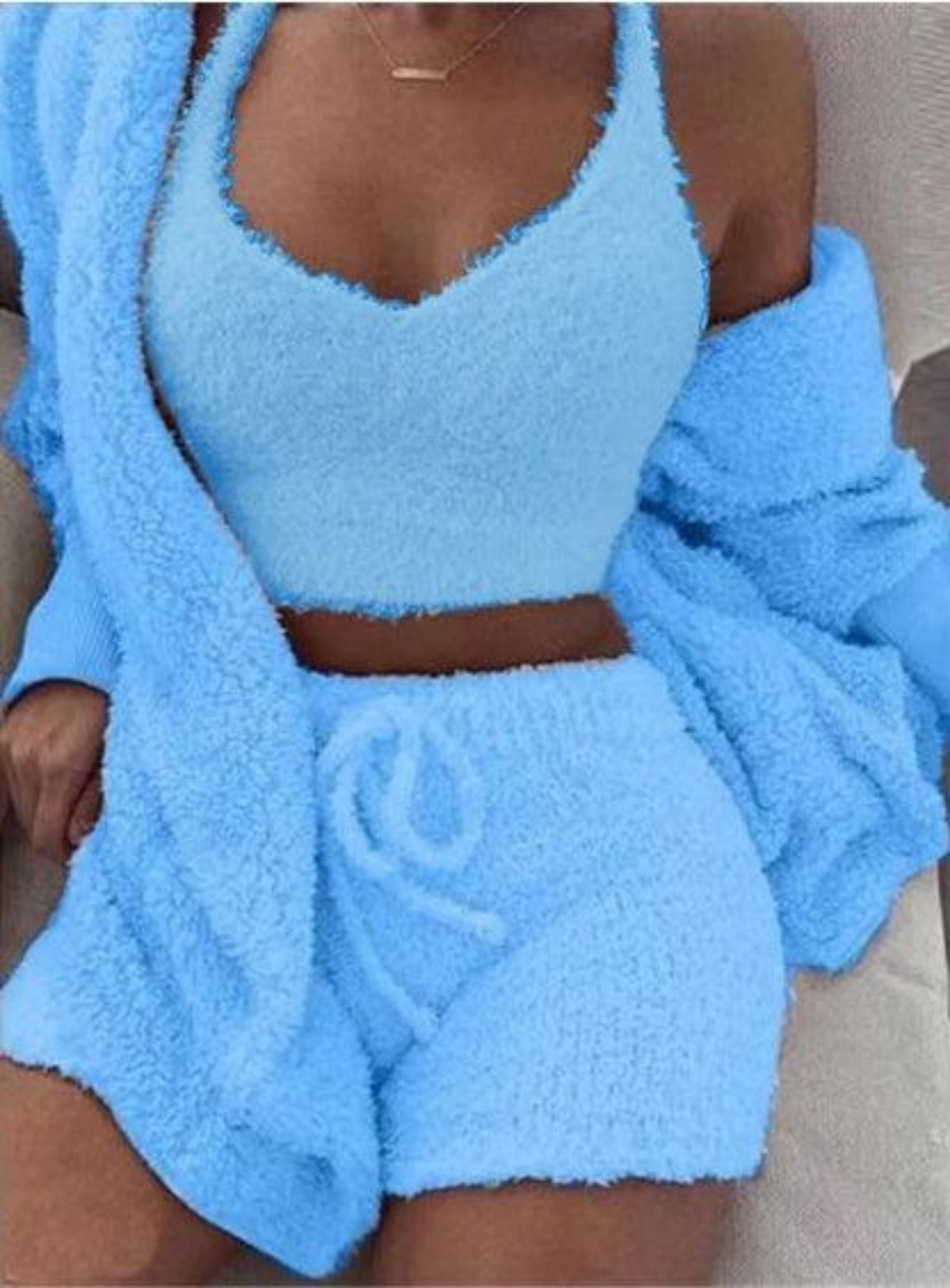 Women's blue fuzzy 3-piece pajama set with crop tank, cardigan and drawstring shorts