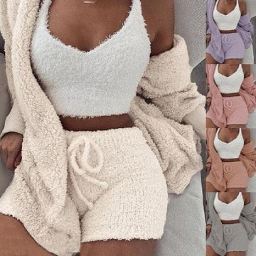 Women's cream fuzzy 3-piece pajama set with crop tank, cardigan and drawstring shorts