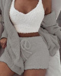 Women's gray fuzzy 3-piece pajama set with crop tank, cardigan and drawstring shorts