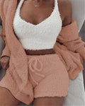 Women's peach fuzzy 3-piece pajama set with white crop tank, cardigan and drawstring shorts