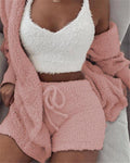 Women's pink fuzzy 3-piece pajama set with white crop tank, cardigan and drawstring shorts