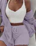 Women's violet fuzzy 3-piece pajama set with white crop tank, cardigan and drawstring shorts