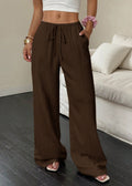 Women's dark brown high-waist drawstring wide-leg pants with textured fabric, side pockets and relaxed fit