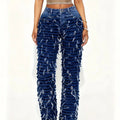 Women's dark wash high-waist extreme distressed straight-leg jeans, front view