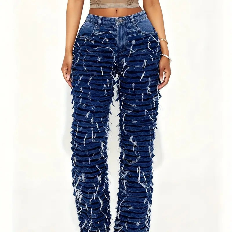 Women's dark wash high-waist extreme distressed straight-leg jeans, front view