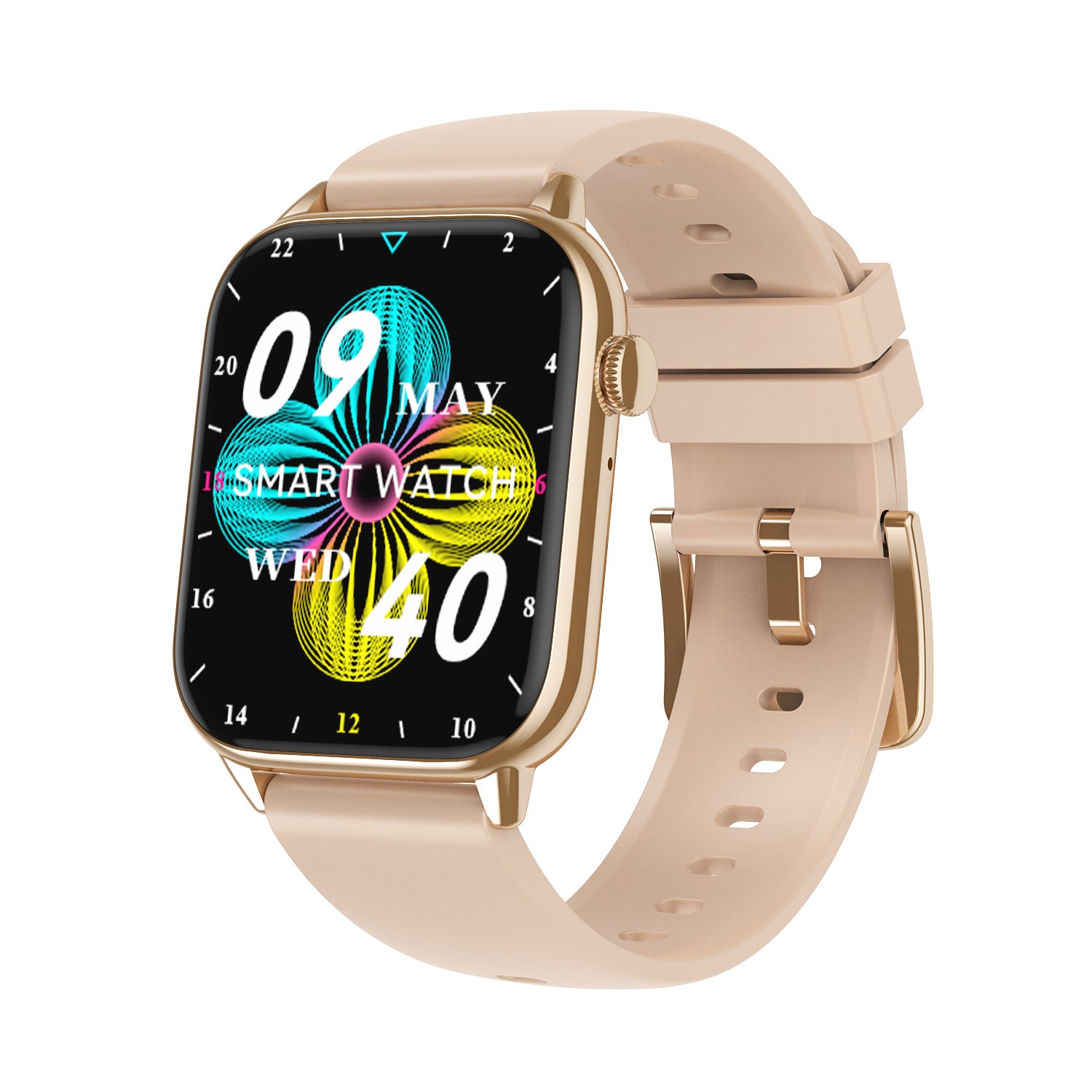 Women's gold Bluetooth calling smartwatch with gold-tone case, silicone band and rectangular touchscreen display