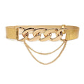 Full view of women’s gold chain elastic waist belt with oversized chain and draped chain details