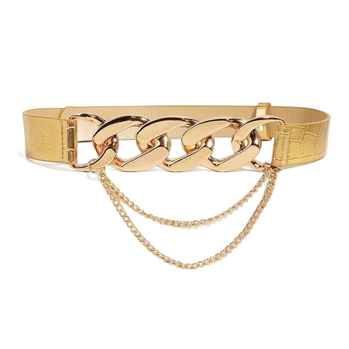 Full view of women’s gold chain elastic waist belt with oversized chain and draped chain details