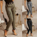 Women's high-waist skinny cargo pants with side pockets shown in khaki, gray and black