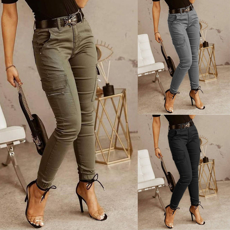 Women's high-waist skinny cargo pants with side pockets shown in khaki, gray and black