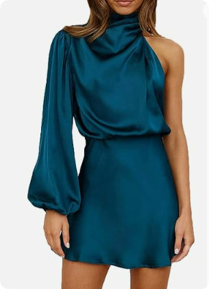 Women's lake blue satin one-shoulder mini dress front view with draped high neckline and long balloon sleeve
